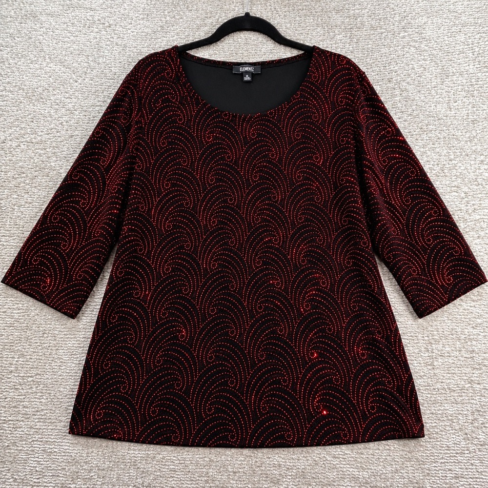 Elementz Woman Tunic Glitter Swirl Velvet Spandex 1X Red Black Holiday Party